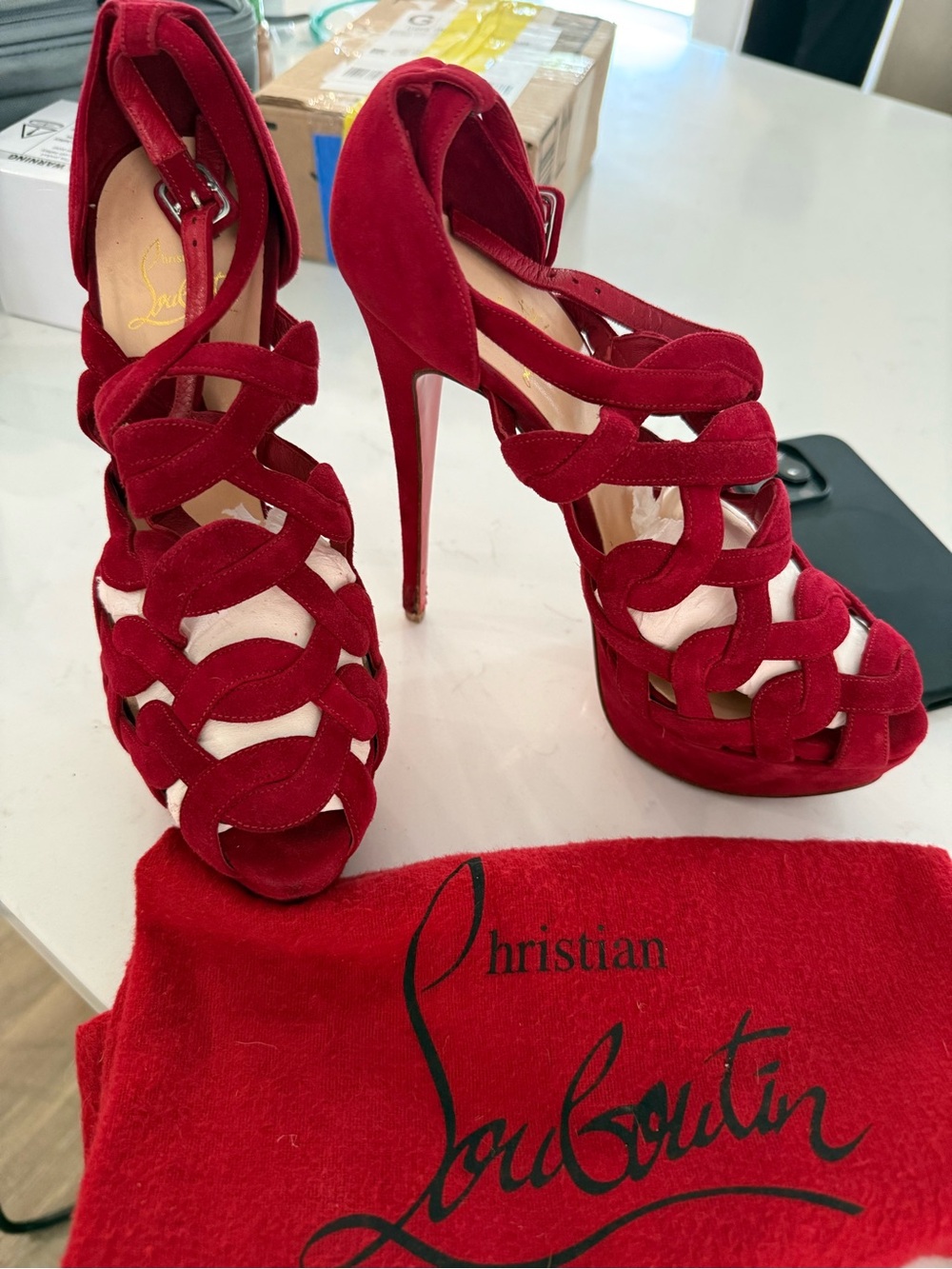 Christian Louboutin Red Suede Strappy Platform Heels